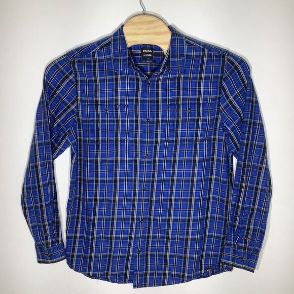 Prana Mens Long Sleeve Button Up Light Flannel Shirt Blue Plaid Size Large Tall - Picture 2 of 4